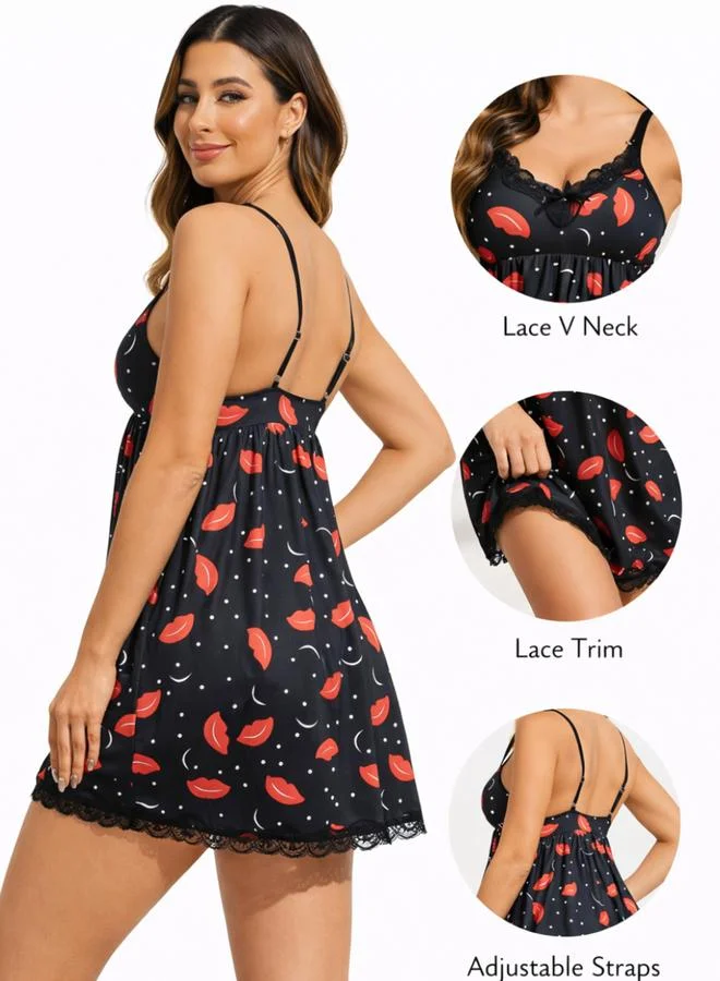 Take Two Lace Insert Lip Print Babydoll By LAZZYCAT